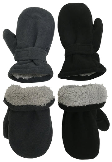 N'Ice Caps Little Kids And Baby Easy-On Sherpa Lined Fleece Mittens - 2 Pair Pack (Black/Charcoal Pack, 2-3 Years)