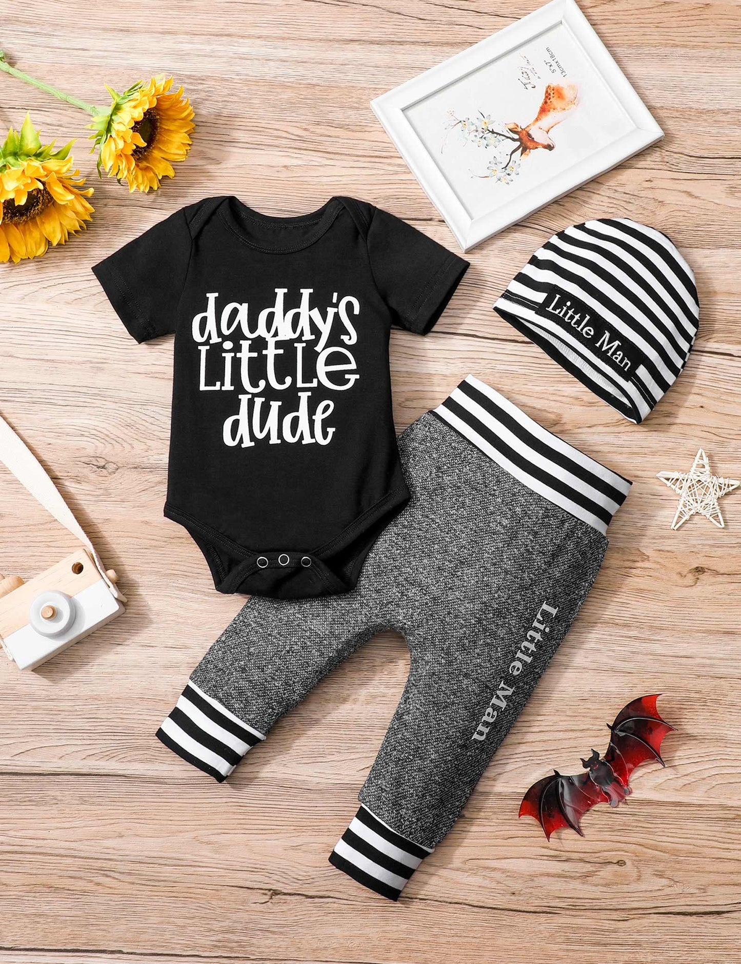 Fommy Baby Boy Clothes Newborn Boy Outfits Daddy'S Little Dude Newborn Rpmper Little Man Pants Hat 3Pcs Cute Infant Boy Clothes