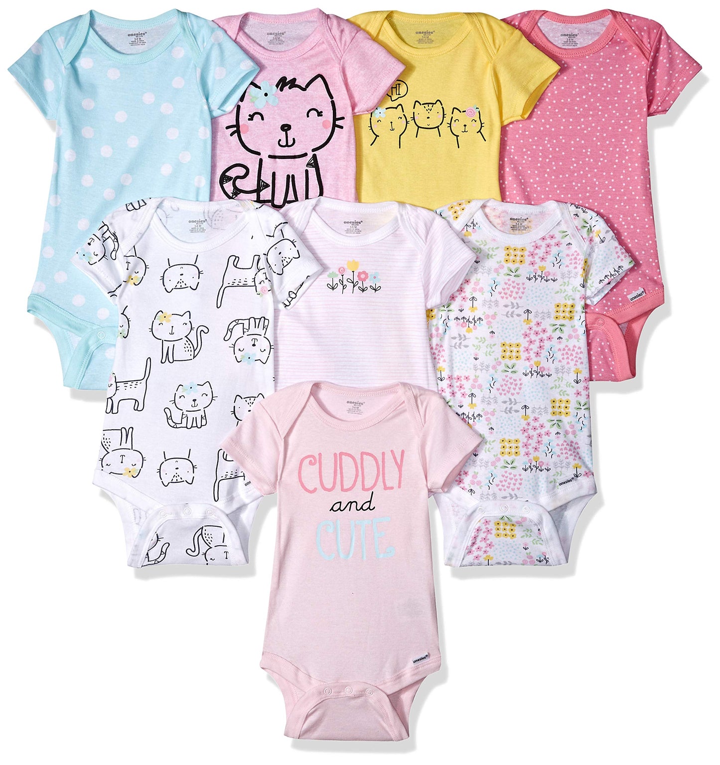 Onesies Brand Baby Girls 8-Pack Short Sleeve Mix & Match Bodysuits, Cuddly Cats & Flowers, Newborn