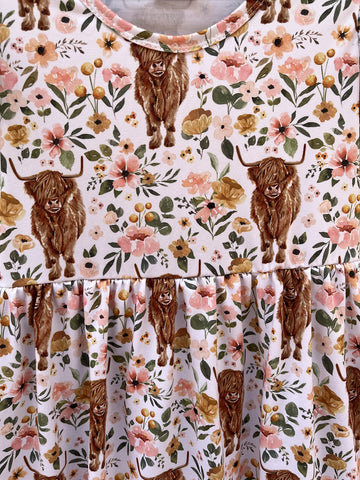 Nebljgo Infant Baby Girls Highland Cow Flutter Sleeve Pearl Cow Children Girl Spring Summer Kids Dress (7-8T) White