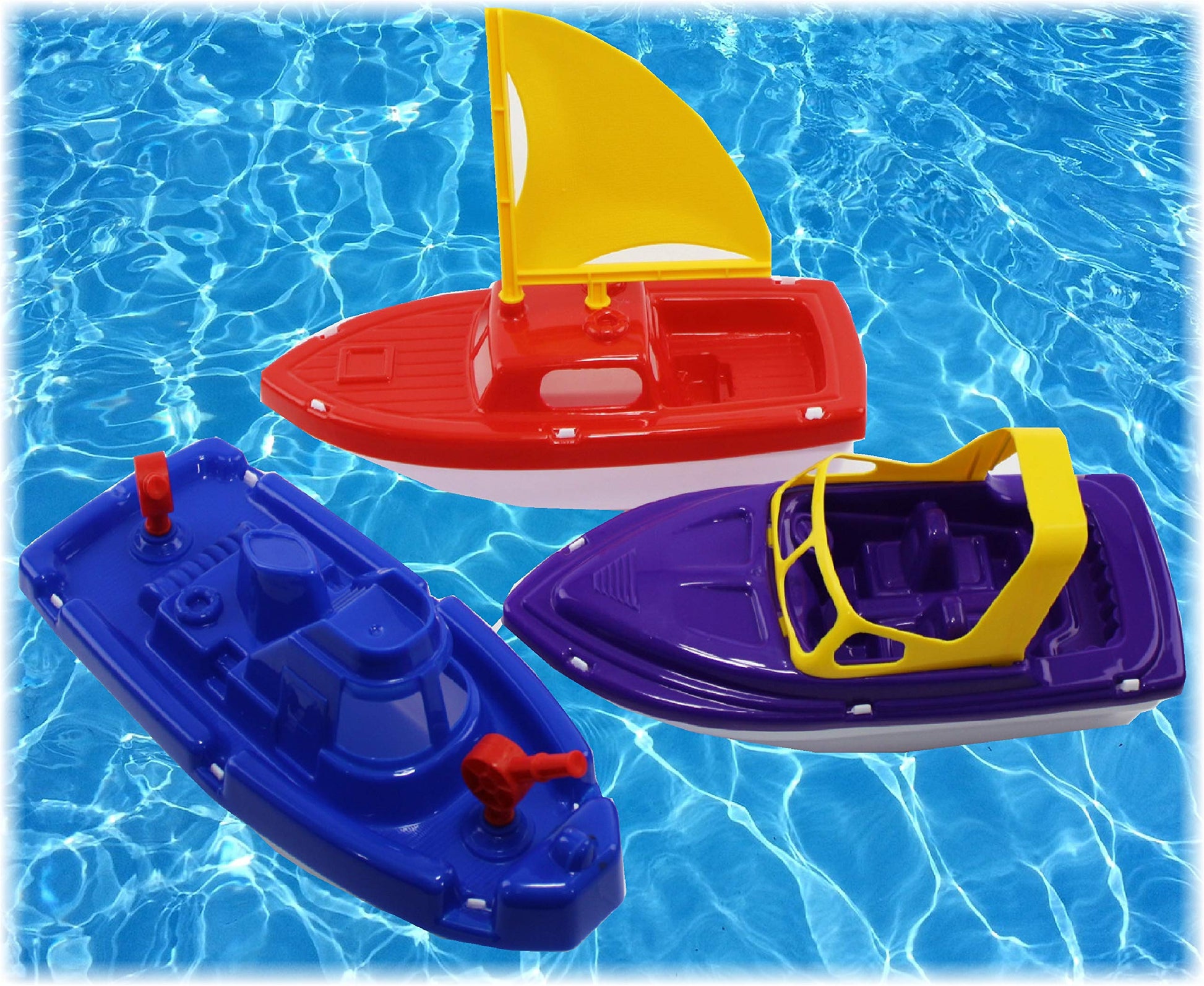 Mattys Toy Stop Plastic Boats Set Sailboat (Red), Speedboat (Purple) & Fireboat (Blue) Gift Set Bundle, Perfect Bath, Pool, Bea