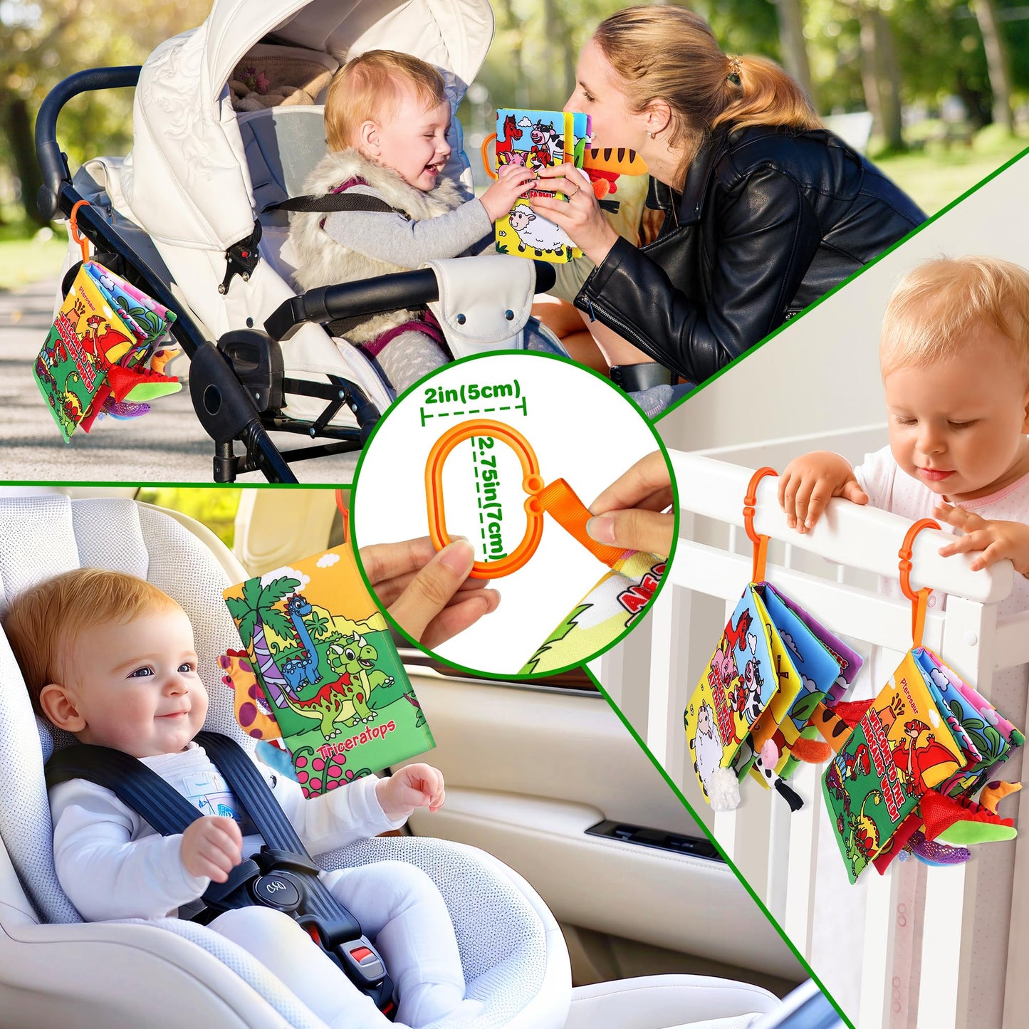 Helsort Soft Baby Books for 0-18 Months, 2PCS Crinkle Cloth Books - Dinosaur and Farm Themes, Tummy Time Toys for Infants 0-6-12