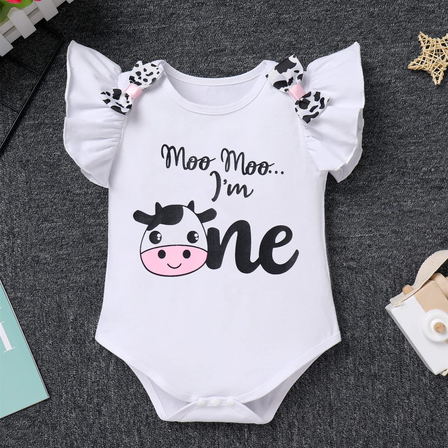 Baby Girls Cow 1St Birthday Outfit Farm Animals Fancy Dress Up Costume Flutter Sleeves Romper Tutu Skirt Headband Bowknot Tutu D