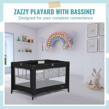 Dream On Me Zazzy Portable Playard with Bassinet in Black, Lightweight Packable and Easy Setup Baby Playard with Mattress and Tr