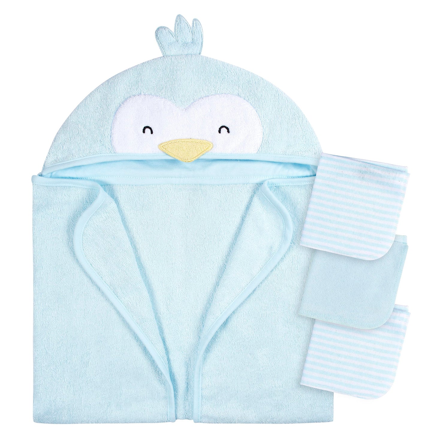 Gerber Baby 4 Piece Animal Character Hooded Towel And Washcloth Set, Blue Penguin, One Size