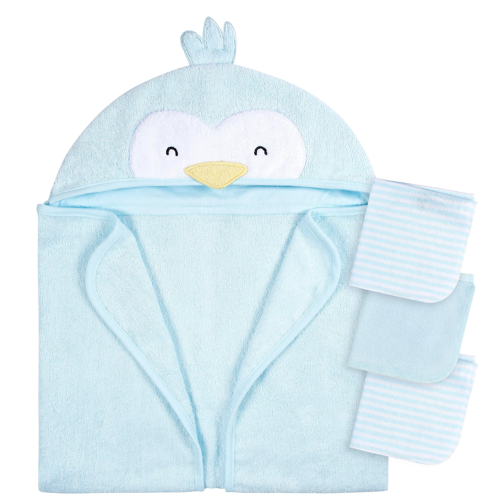 Gerber Baby 4 Piece Animal Character Hooded Towel And Washcloth Set, Blue Penguin, One Size