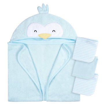 Gerber Baby 4 Piece Animal Character Hooded Towel And Washcloth Set, Blue Penguin, One Size