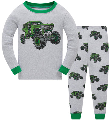 Popshion Toddler Boy Monster Truck Pajamas Long Sleeve Cotton 2 Piece Pjs Christmas Pajama Set Grey Sleepwear Kids Winter Pj 6T