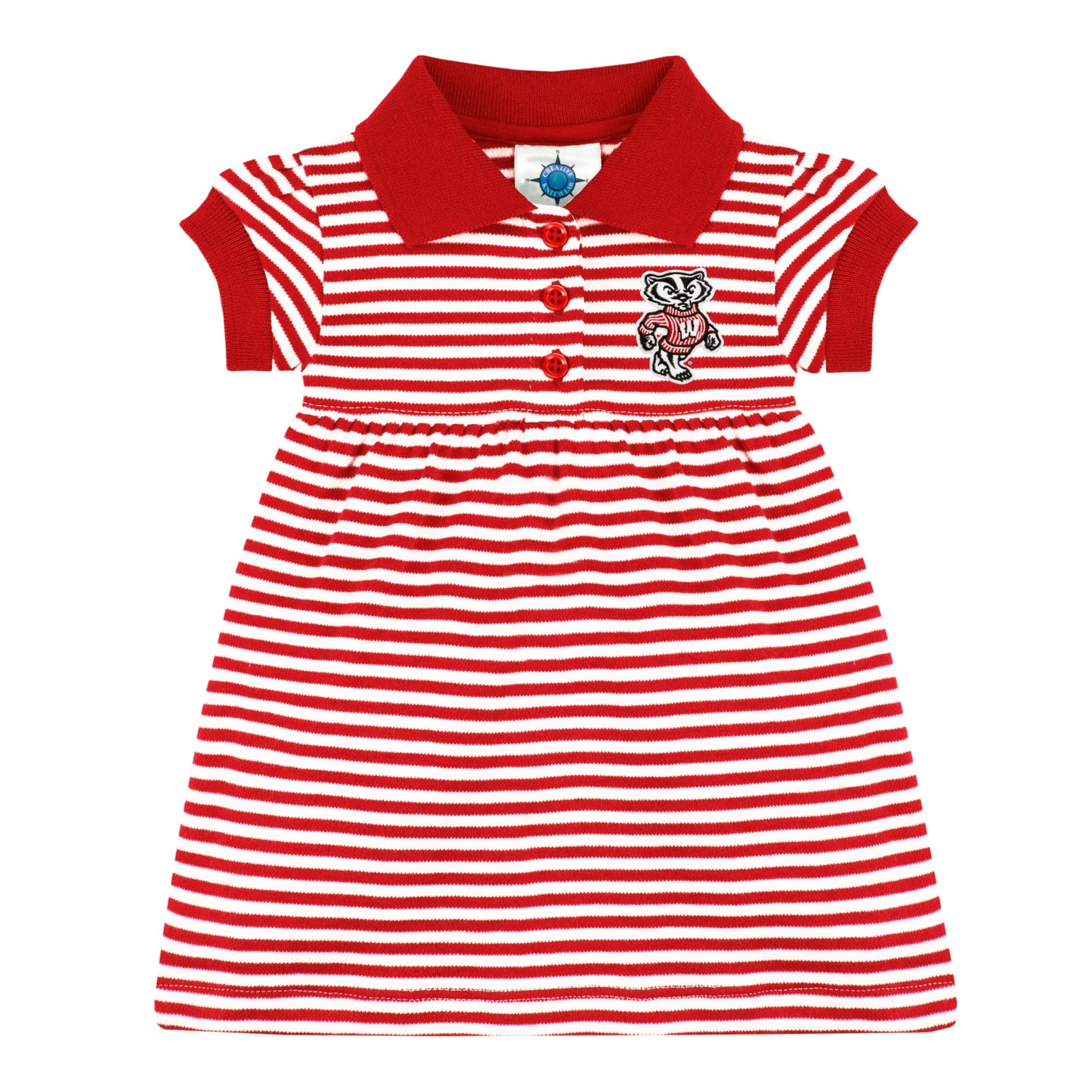 College Baby Striped Game Day Polo Dress With Bloomer - Wisconsin Badgers Standing Bucky Logo - Red/White - 0-3 Months