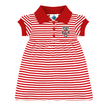 College Baby Striped Game Day Polo Dress With Bloomer - Wisconsin Badgers Standing Bucky Logo - Red/White - 3-6 Months