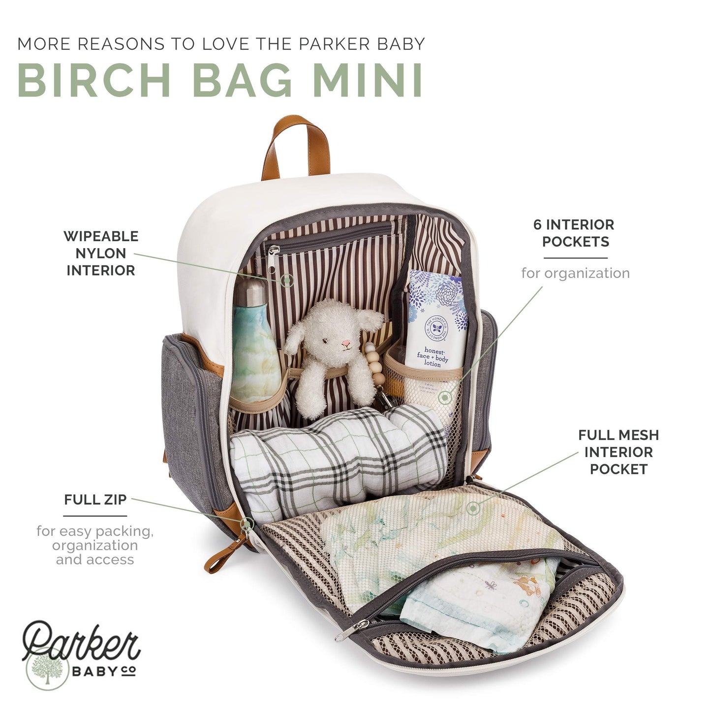 Parker Baby Diaper Backpack - Full Zip Diaper Bag With Insulated Pockets - Cream