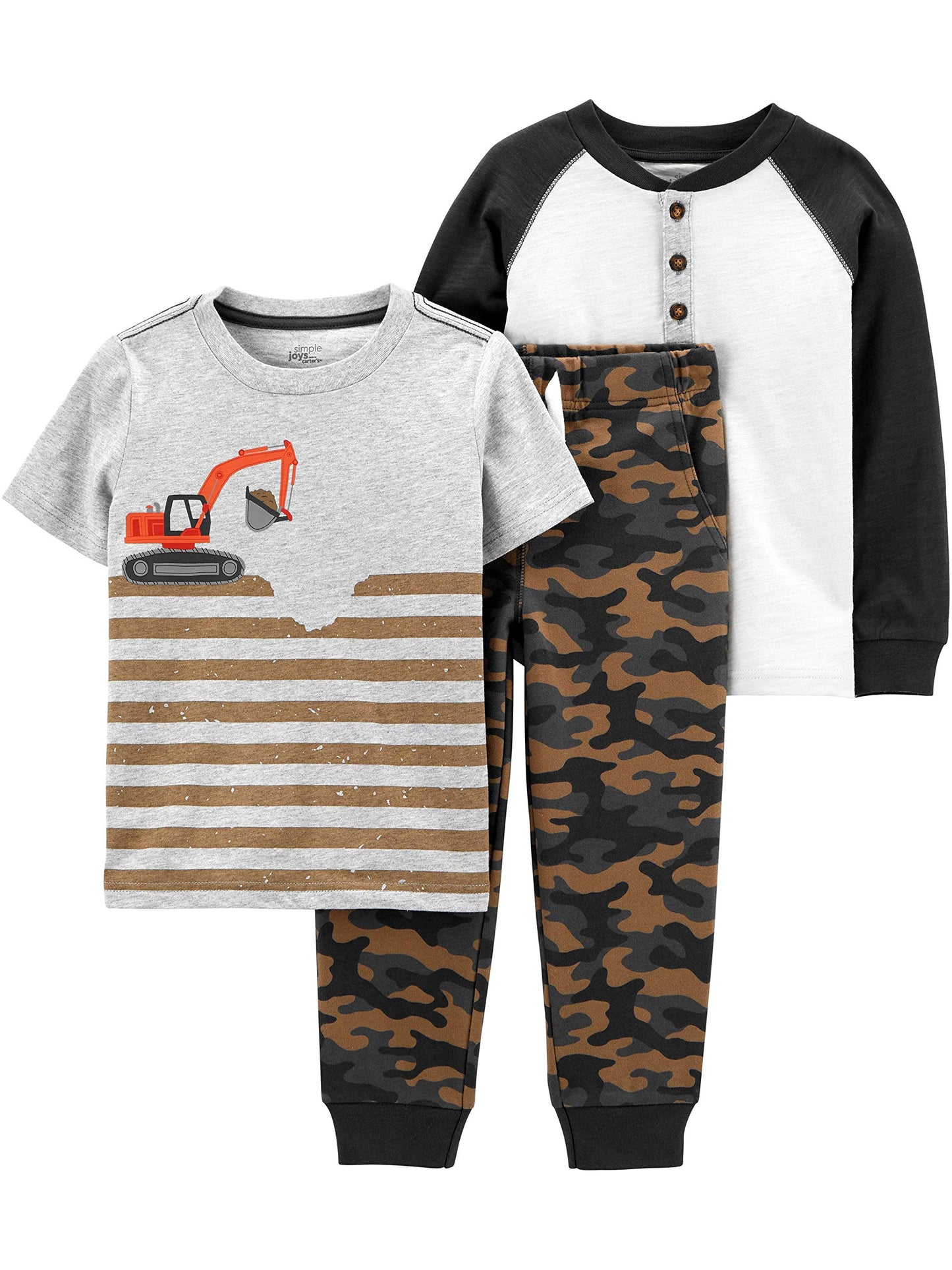 Simple Joys By Carter'S Baby Boys 3-Piece Playwear Pants Set, Brown Camo/Grey Stripe/White, 18 Months Us