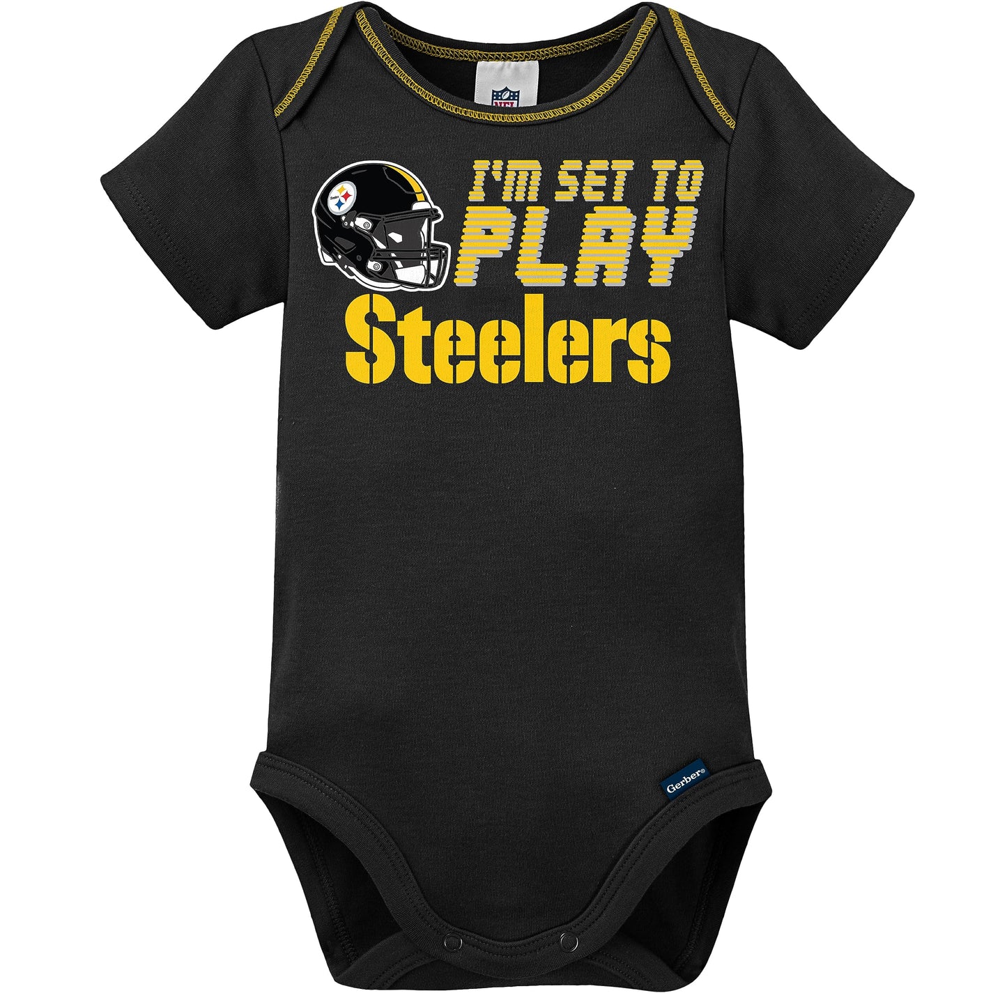 Gerber Nfl Pittsburgh Steelers 3 Pack Bodysuit Sleep N Play Footie Cap Registry Gift Set, Black/White Pittsburgh Steelers, 0-3M