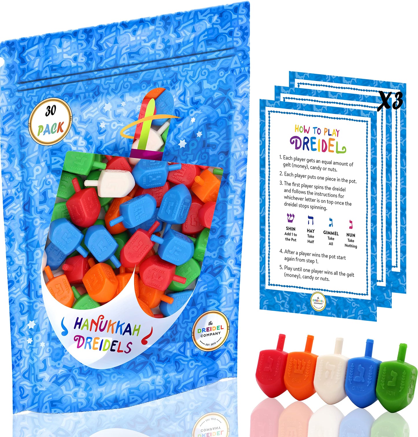 The Dreidel Company Hanukkah Dreidels Multicolor Plastic Chanuka Dreidels With English Transliteration - Includes Dreidel Game I