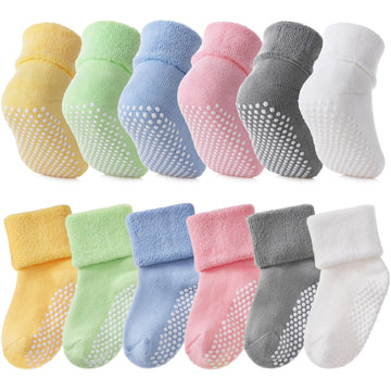 Sdbing Baby Boys Girls Grips Socks Infant Toddlers Kids Non Slip Warm Thick Cotton Ankle Crew Socks With Grippers (1-3T, 6 Pairs
