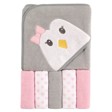 Luvable Friends Unisex Baby Hooded Towel With Five Washcloths,Cotton,Polyester, Penguin, One Size