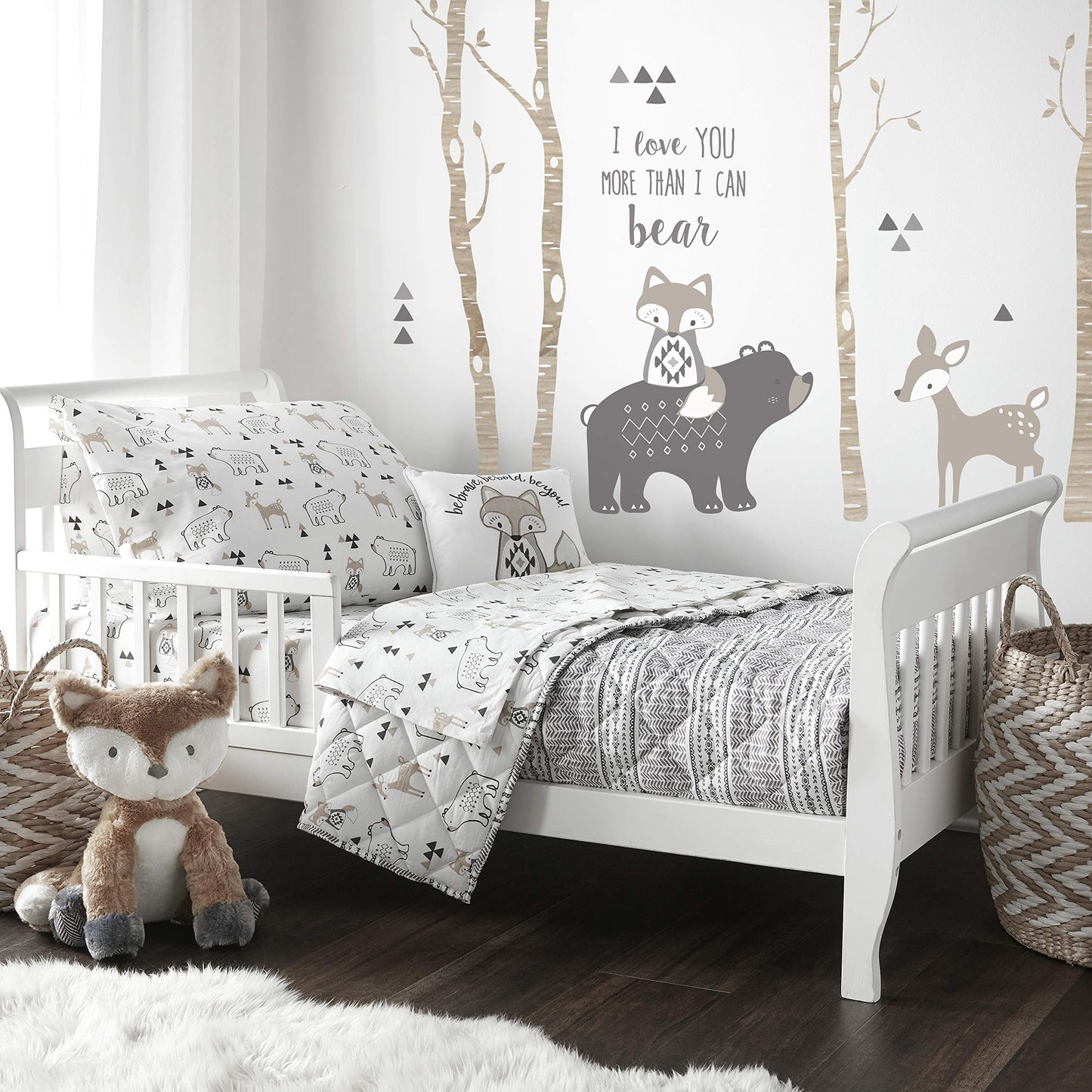 Levtex Baby Bailey Bear, Animals, Woodland, Charcoal, Beige, White -5Pc Toddler Set - Neutral Kids Bedding - Reversible Quilt, F