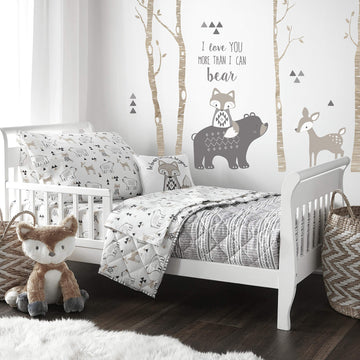 Levtex Baby Bailey Bear, Animals, Woodland, Charcoal, Beige, White -5Pc Toddler Set - Neutral Kids Bedding - Reversible Quilt, F