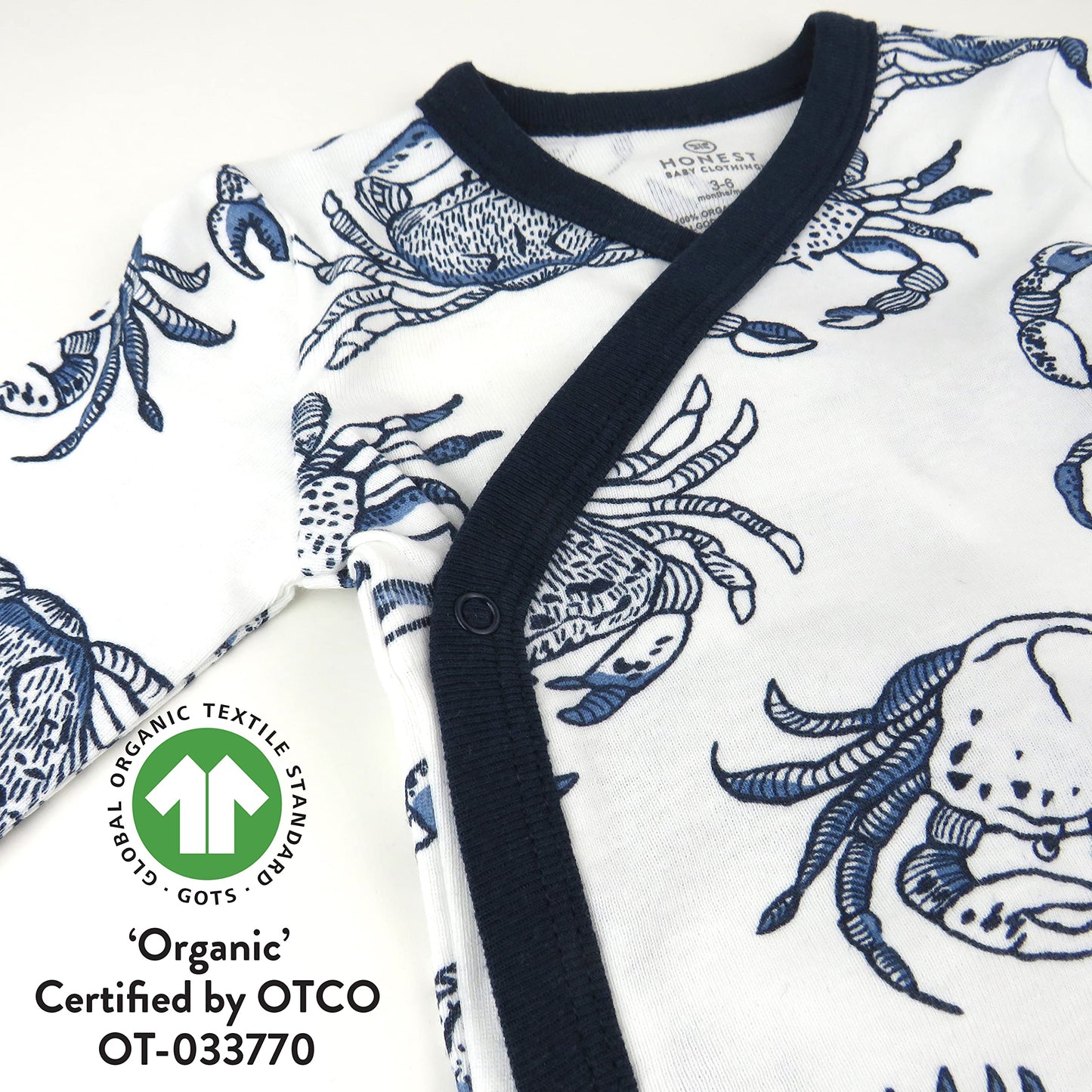 Honestbaby 3-Pack Organic Cotton Long Sleeve Side-Snap Kimono Onesies Bodysuits, Crabs Navy, 0-3 Months