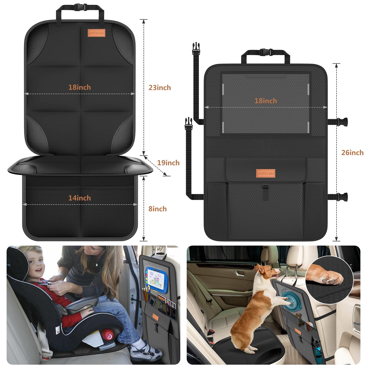 Smart Elf Backseat Car Organizer Kick Mat With Storage Pockets, Large Waterproof Baby Car Seat Protector For Leather And Fabric