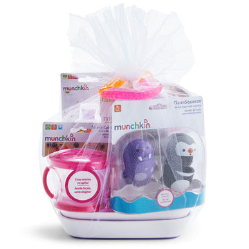Munchkina 1St Birthday Gift Basket, Includes Sippy Cups, Plates, Feeding Utensils, Snack Catcher, Bath Toy And Teether, Pink