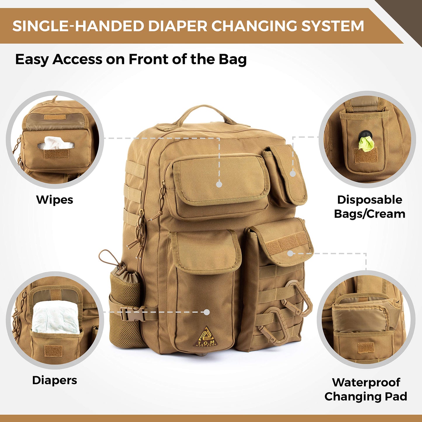 T.O.M Horizons Sling Diaper Bag For Dad; Single-Handed Diaper Changing System. Waterproof Changing Pad, Insulated Bottle Pouches