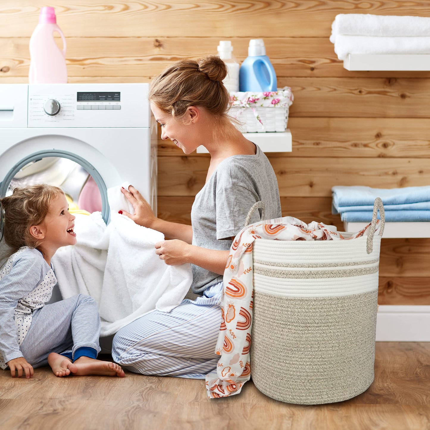 Xuanguo Cotton Rope Laundry Basket Hamper For Clothes Woven Storage Basket For Living Room Bedroom Boho Tall Rope Baskets For Bl