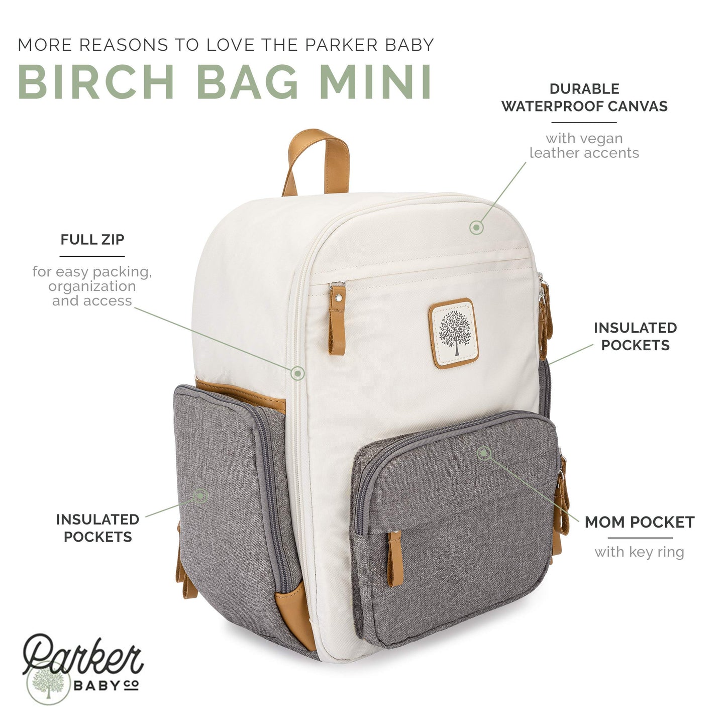 Parker Baby Diaper Backpack - Full Zip Diaper Bag With Insulated Pockets - Cream