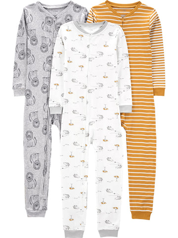 Simple Joys By Carter'S Baby Boys' 3-Pack Snug Fit Footless Cotton Pajamas, Gold Stripe/Grey Lion/White Animal, 4