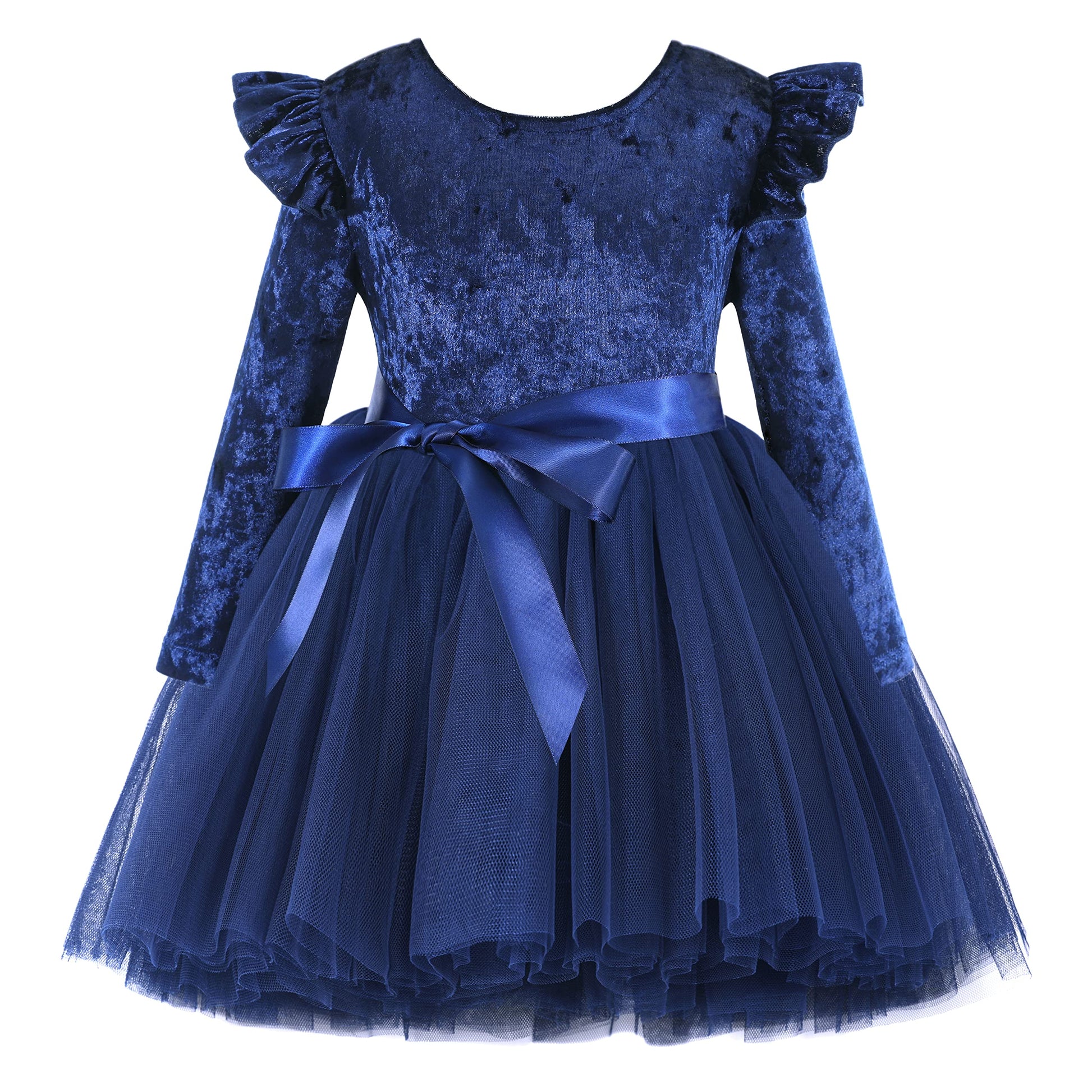 Flofallzique Toddler Long Sleeves Dress Tulle Baby Velvet Tutu Girls Special Occasion Dresses (4,Navy)