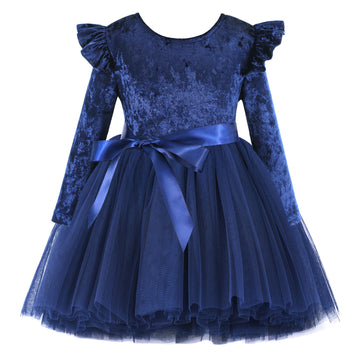 Flofallzique Toddler Long Sleeves Dress Tulle Baby Velvet Tutu Girls Special Occasion Dresses (4,Navy)