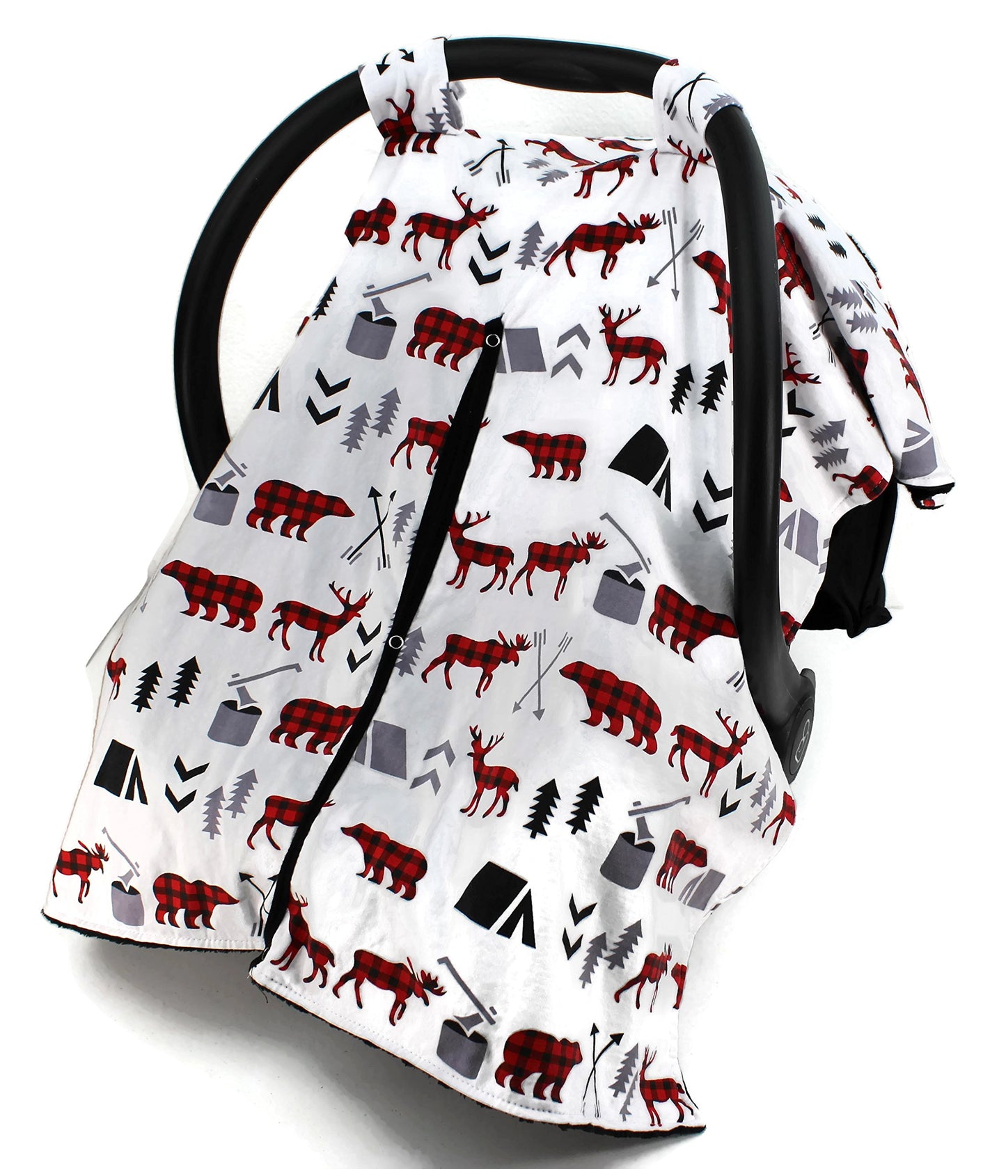 Dear Baby Gear Car Seat Canopy, Woodland Adventure Bear Moose Plaid, Minky Black