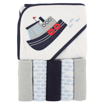 Luvable Friends Unisex Baby Hooded Towel With Five Washcloths, Tugboat, One Size
