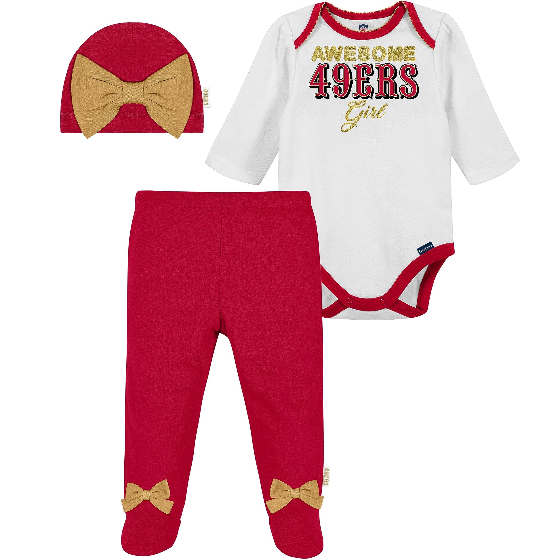 Gerber Nfl Baby Girls 3 Pack Bodysuit Registry Gift Set Footed Pant And Cap, Team Color, 0-3 Months Us