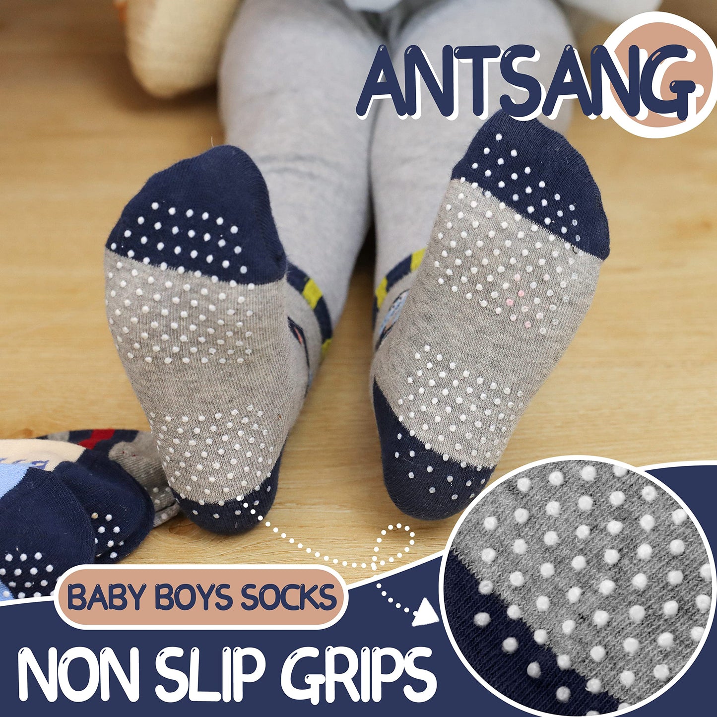 Antsang Baby Boys Grips Socks Kids Toddlers Infants Non Slip/Anti Skid Crew Cotton Socks 12 Pairs (Boy'S-Dinosaur(12 Pairs),1-3