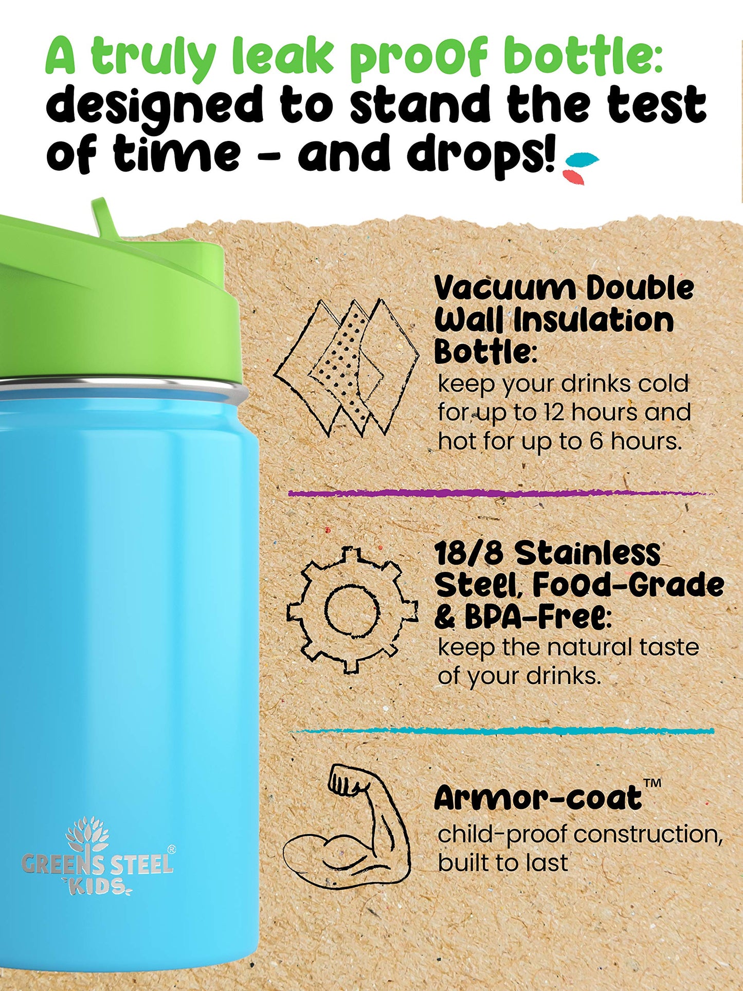 Kids Water Bottle - 12Oz Blue  Leak Proof With Straw & Handle  24 Hours Cold  Insulated, Double Wall Stainless Steel  Easy Sip T
