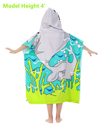 Athaelay Soft Microfiber Swim Cover-Ups For 3 To 10 Years Old Kids Hooded Bath Beach Poncho Towels With Carrying Bag (Big Shark,