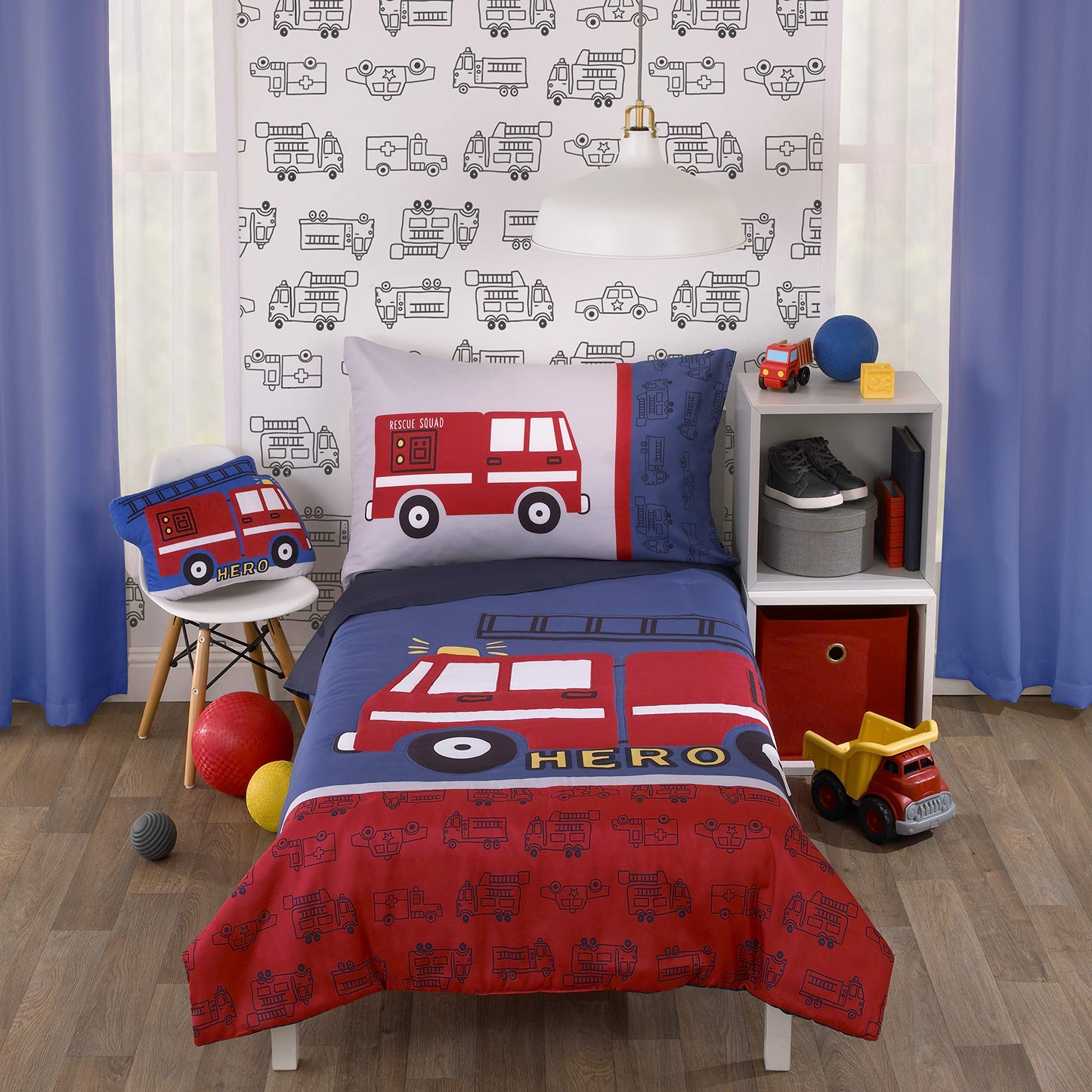 Carters Firetruck Red, White, & Blue 4Piece Toddler Bedding Set, Red, Navy, Blue, Gray