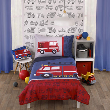 Carters Firetruck Red, White, & Blue 4Piece Toddler Bedding Set, Red, Navy, Blue, Gray