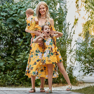 Popreal Mommy And Me Dresses Floral Printed Sleeveless Infant Baby Girl Tulle Dress Romper Yellow