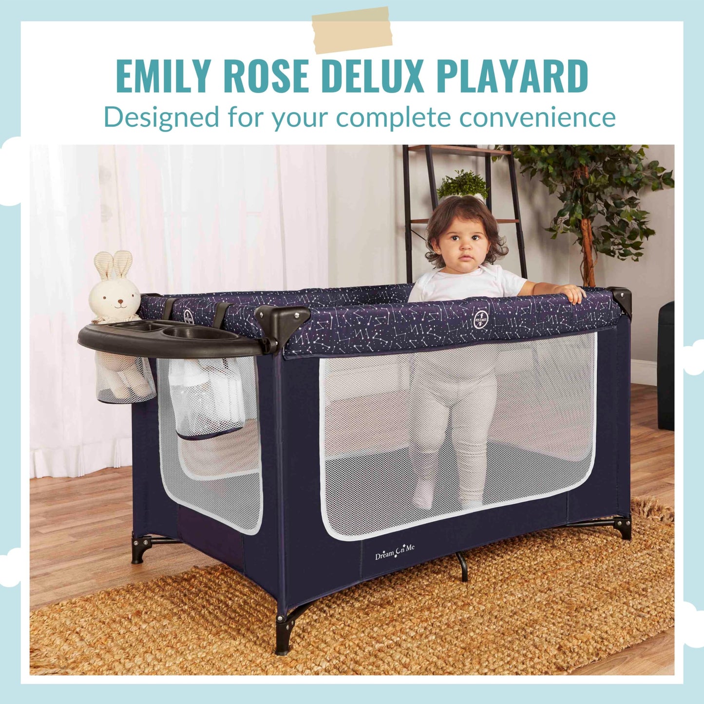 Dream On Me Emily Rose Deluxe Playard In Galaxy Blue With Infant Bassinet And Changing Tray, Lightweight Portable And Convertibl