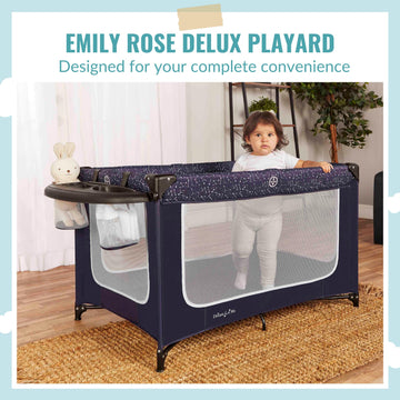 Dream On Me Emily Rose Deluxe Playard In Galaxy Blue With Infant Bassinet And Changing Tray, Lightweight Portable And Convertibl