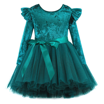 Flofallzique Baby Girls Velvet Dress Long Sleeves Ruffle Toddler Tulle Dress For Birthday Party (2,Green)