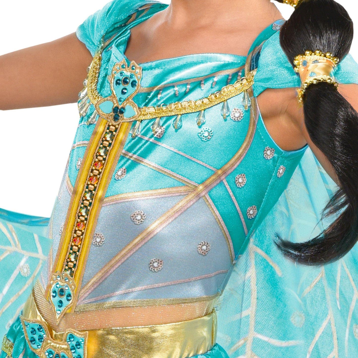 Party City Princess Jasmine Whole New World Costume For Kids, Disney Aladdin, Size Small, Peacock Jumpsuit With Cape