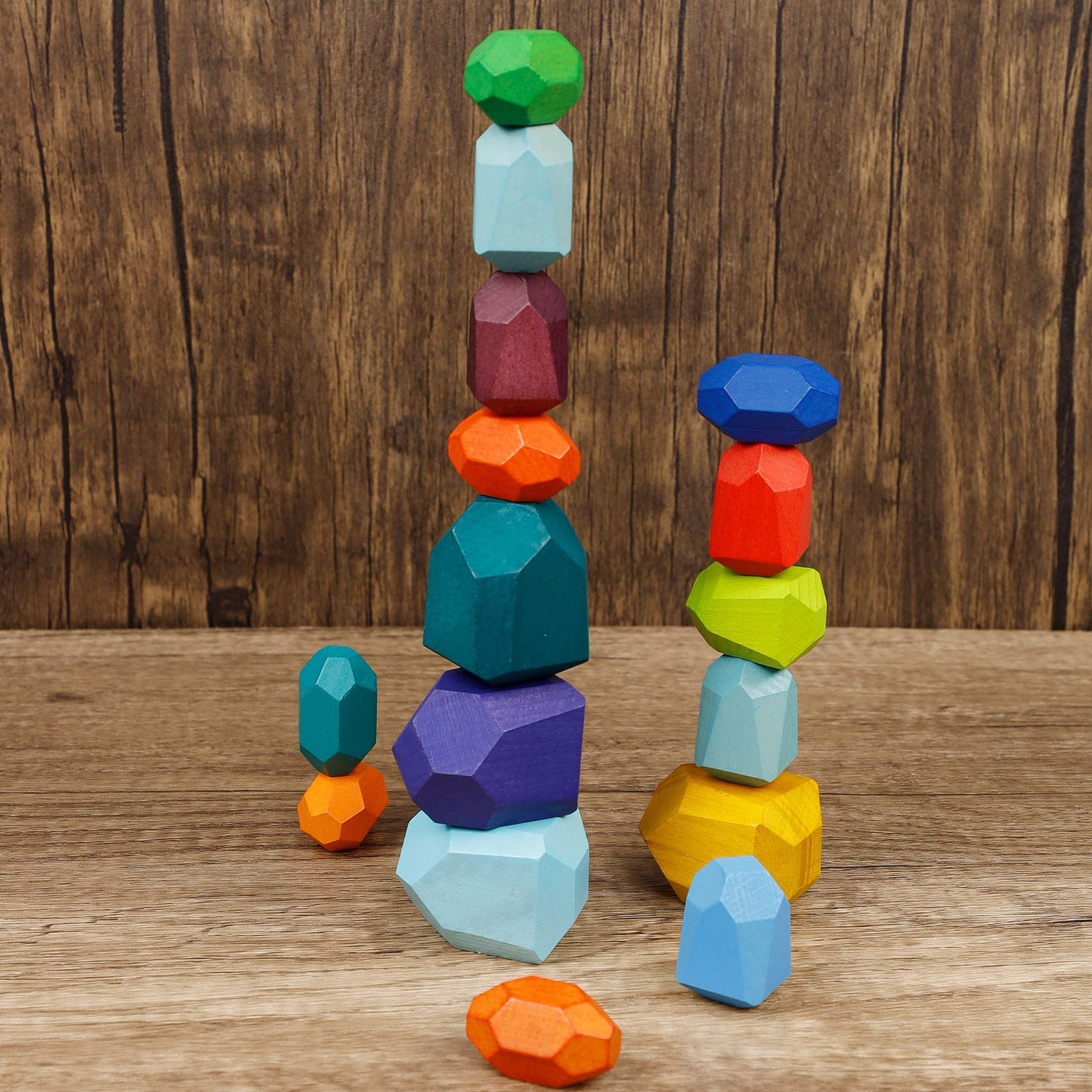 Cllayees 16 Pcs Wooden Stacking Blocks Rocks Building Toys, Colored Solid Wood Stones Pre-School Educational Games Creative Toys