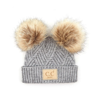 Funky Junque Baby Girl Winter Hat Double Pom Pom Beanie For Infants - Heather Grey