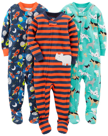 Simple Joys By Carter'S Baby Boys' Snug-Fit Footed Cotton Pajamas, Pack Of 3, Navy Space/Rust Stripe/Turquoise Green Dogs, 24 Mo