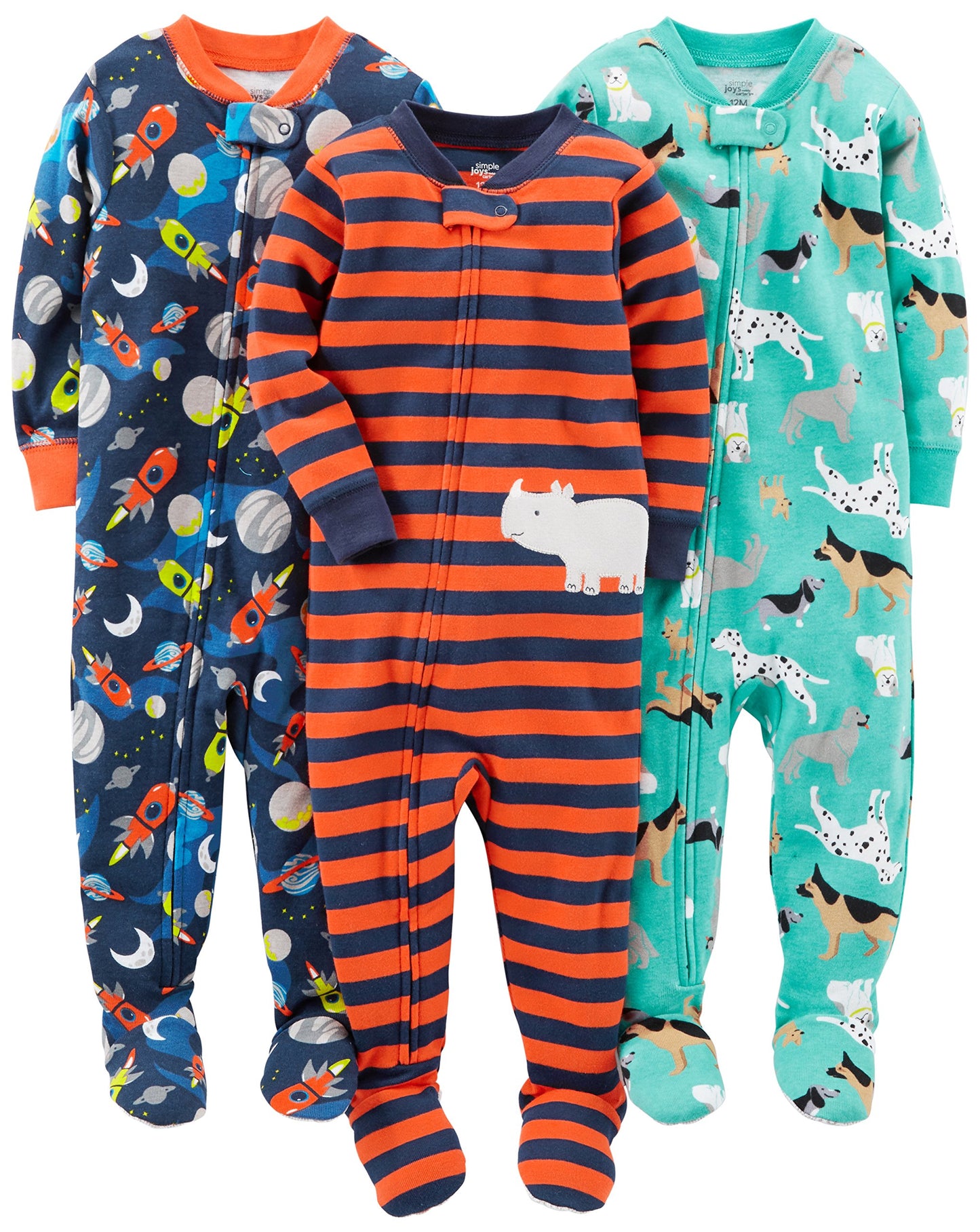 Simple Joys By Carter'S Baby Boys' 3-Pack Snug Fit Footed Cotton Pajamas, Navy Space/Rust Stripe/Turquoise Green Dogs, 18 Months