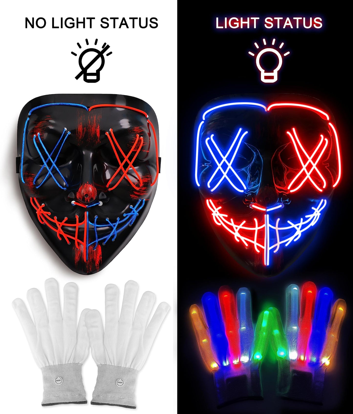 Halloween Mask Skeleton Gloves Set, Halloween Costumes Gifts For Men Women Boys Girls, 3 Modes Light Up Scary Led Mask With Led