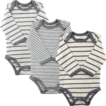 123 Bear Baby 3-Pack Soft Cotton Spandex Bodysuits (Gray Stripes 2 Long-Sleeve, Newborn)